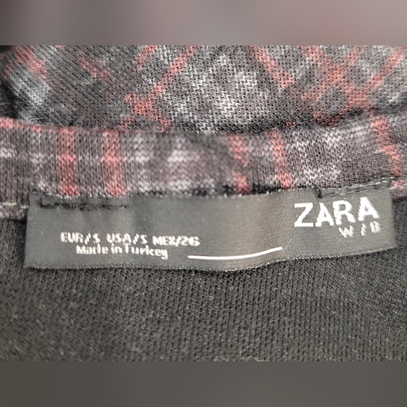 Zara Dress Bodycon Check Grey Burgundy Round Neck Long Sleeve - Picture 5 of 8